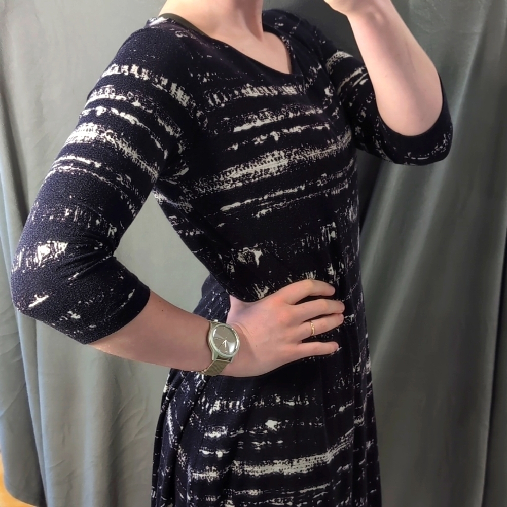 Piazza Sempione | Viscose Black and Cream 3/4 Sleeve Midi Dress Size L